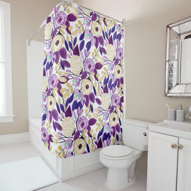 Yellow Purple Floral Bouquet Watercolor Pattern Shower Curtain (In Situ)