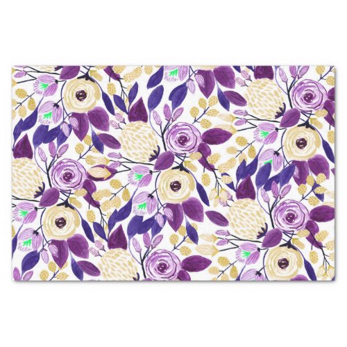 Yellow Purple Floral Bouquet Watercolor Pattern Tissue Paper