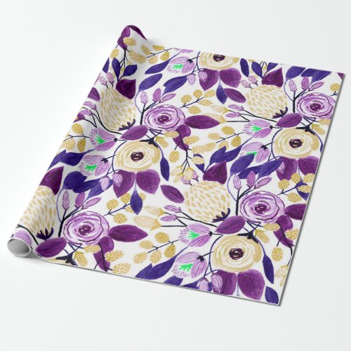 Yellow Purple Floral Bouquet Watercolor Pattern Wrapping Paper