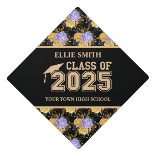 Yellow Purple Floral Class 2025 Graduation  Cap Topper