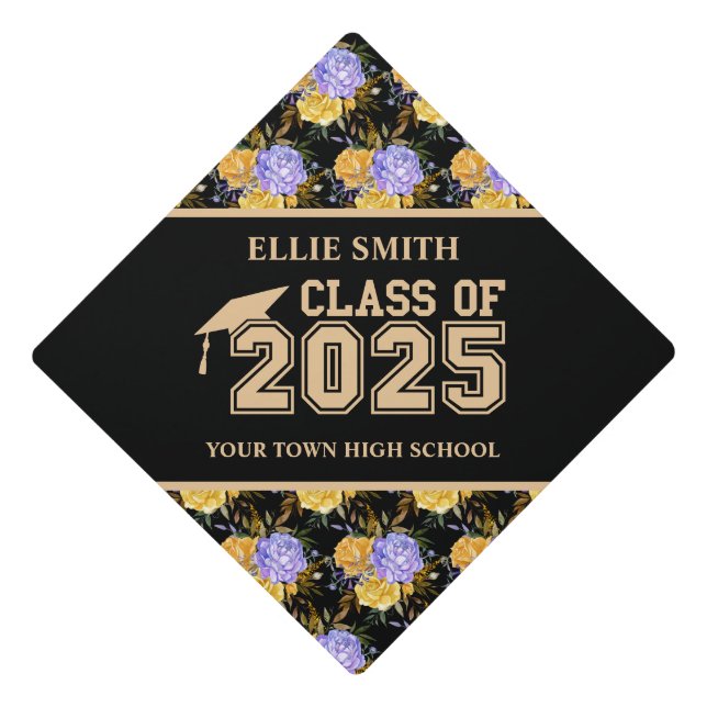 Yellow Purple Floral Class 2025 Graduation  Cap Topper (Front)