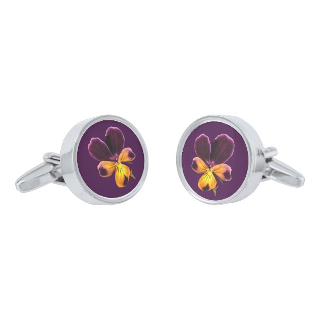 Yellow Purple Floral Pansy Flower Cufflinks (Angled)