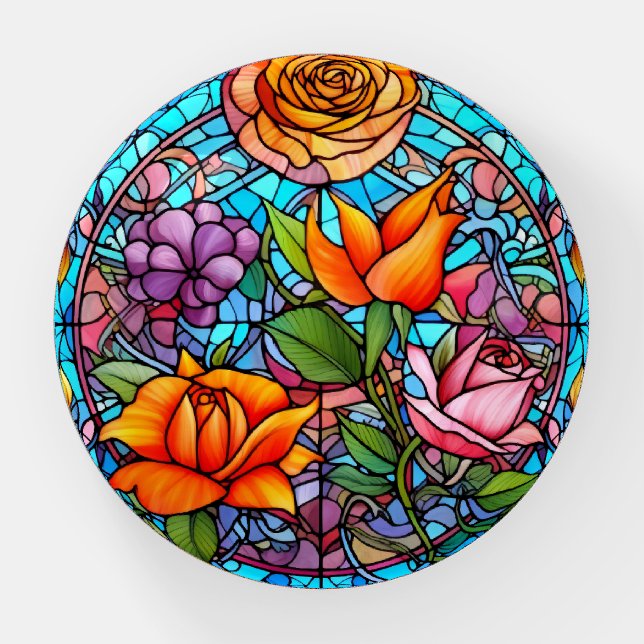 Yellow & Purple Floral Stained-Glass Look Paperweight (Front)