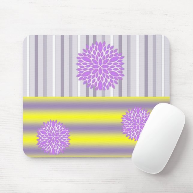 Yellow Purple Floral Stripe Mouse Pad! Mouse Pad (With Mouse)