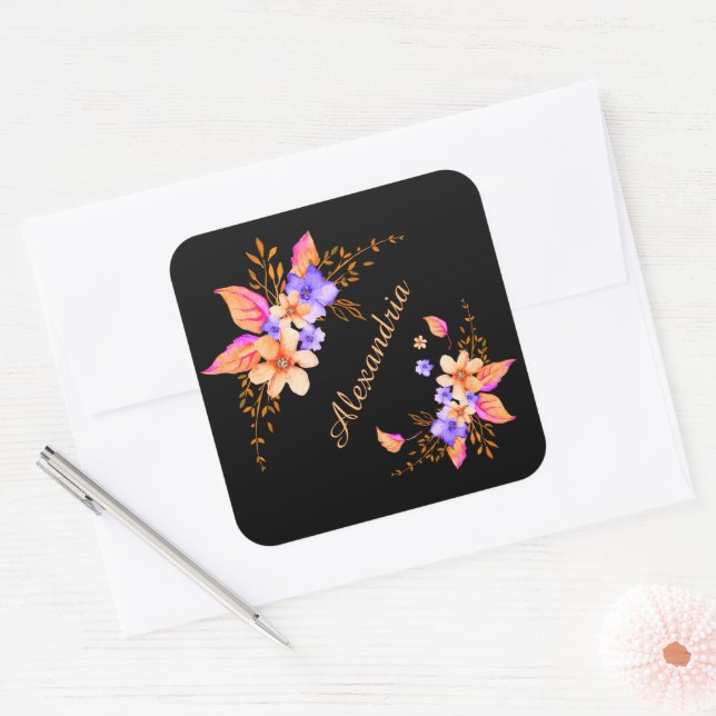 Yellow Purple Floral Watercolor Pattern Custom Square Sticker (Envelope)
