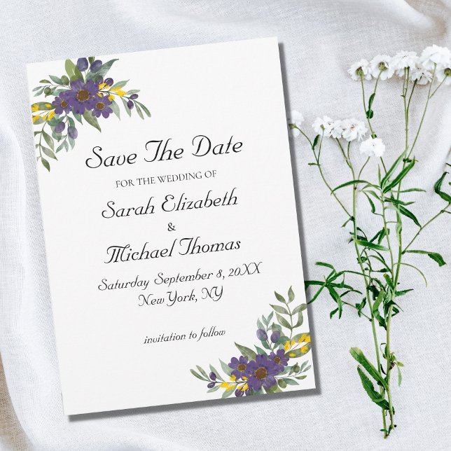 Yellow Purple Floral Wedding Save the Date Card (Creator Uploaded)