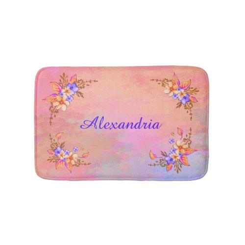 Yellow Purple Flowers Abstract Watercolor Pattern Bath Mat