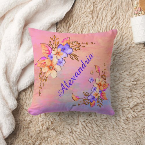 Yellow Purple Flowers Abstract Watercolor Pattern Throw Pillow