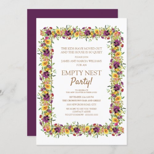 Yellow Purple Flowers White Empty Nest Party Invitation