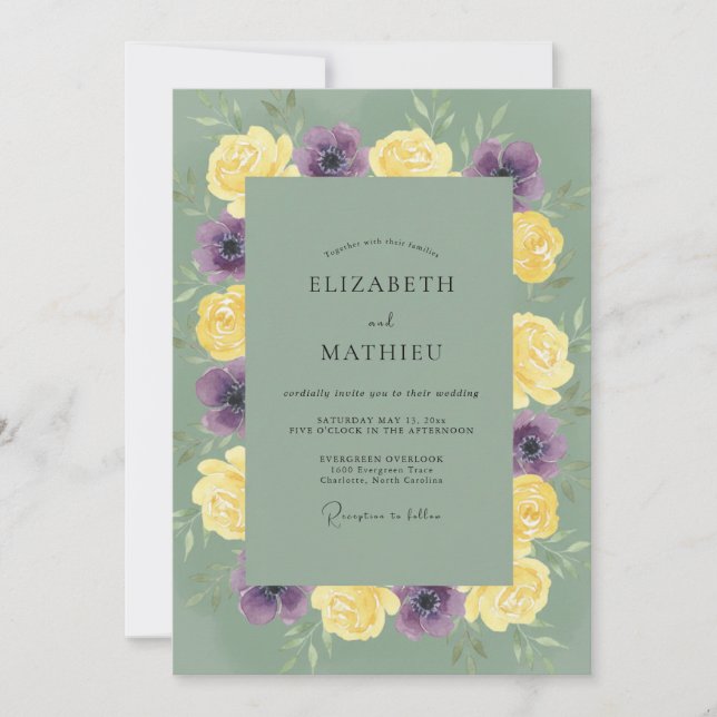 Yellow Purple Foliage Eucalyptus Wedding Invitation (Front)