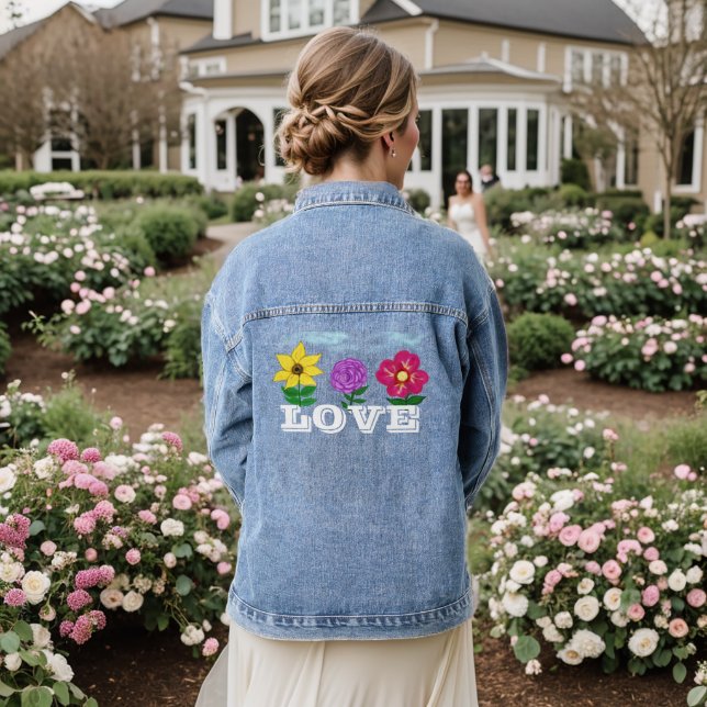 Yellow Purple Fushia Flowers Love Denim Jacket (Wedding Back)
