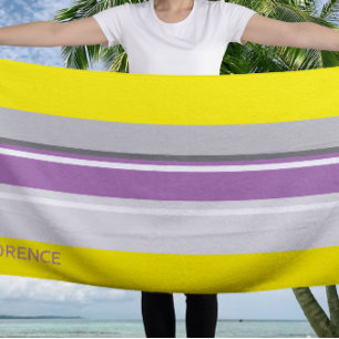 Yellow purple gray stripes - personalized beach towel