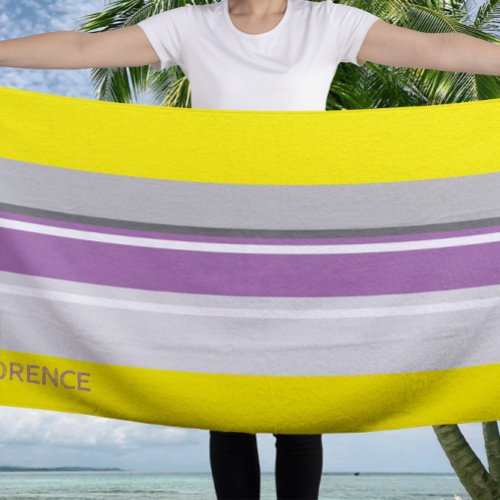 Yellow purple gray stripes  _ personalized beach towel