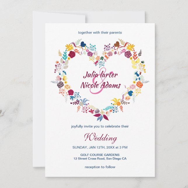 Yellow Purple Green Spring Flowers Wrath Wedding Invitation (Front)