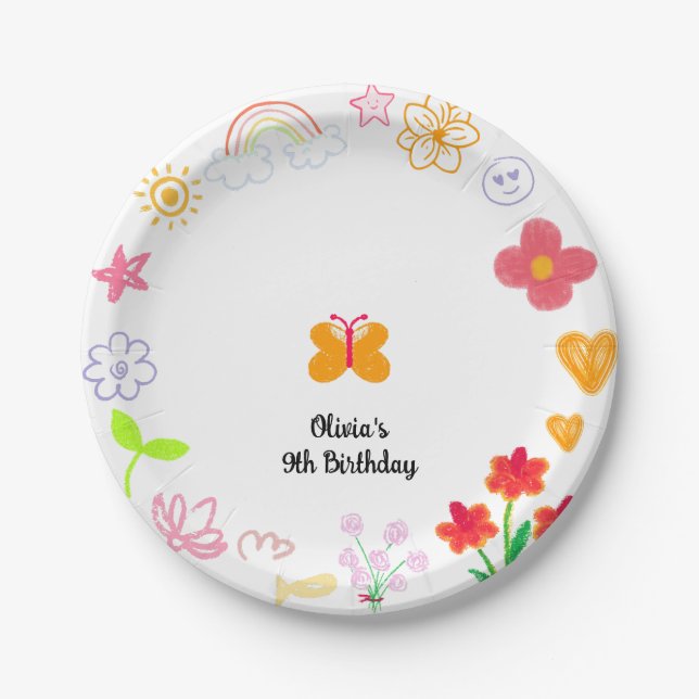 Yellow & Purple Kids Birthday Paper Plates (Front)