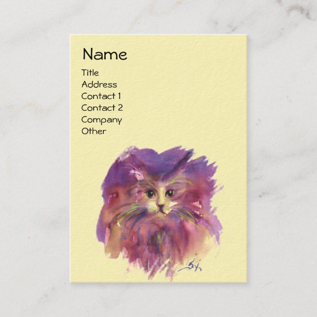 YELLOW PURPLE KITTEN, KITTY CAT PORTRAIT BUSINESS CARD (Front)