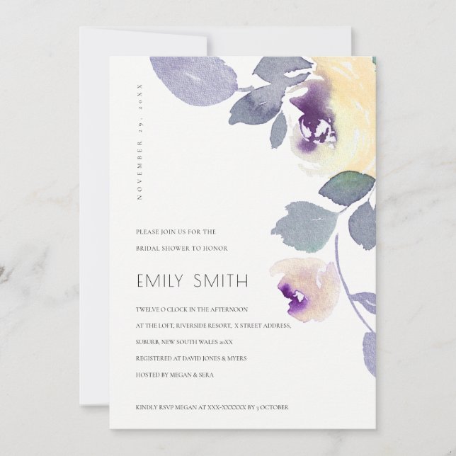 YELLOW PURPLE LILAC FLORAL BRIDAL SHOWER INVITE (Front)