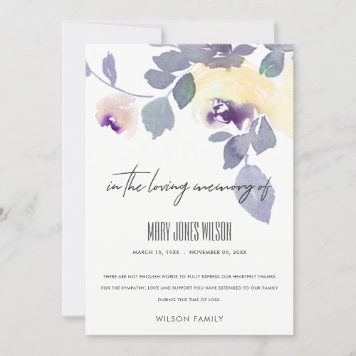 YELLOW PURPLE LILAC ROSE FLORAL SYMPATHY MEMORIAL THANK YOU CARD