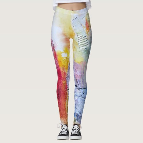 Yellow Purple Orange Red Faux Texture Abstract Art Leggings