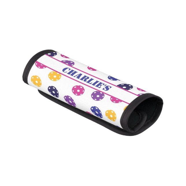 💛💜 Yellow purple Pickleballs with name Luggage Handle Wrap (Angled)