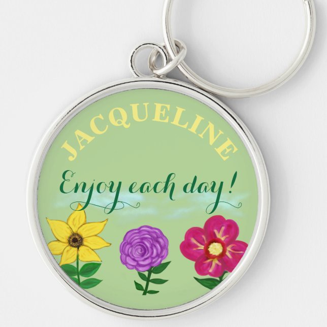 Yellow Purple Pink Flowers Name Keychain (Front)