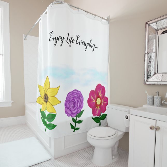 Yellow Purple Pink Garden Flowers Quote Shower Curtain (In Situ)
