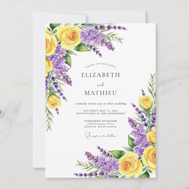 Yellow Purple Romantic Bloom Wedding Invitation (Front)
