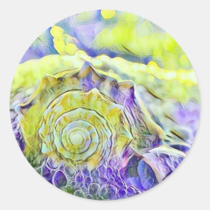 Yellow purple seashell in foaming sea watercolor classic round sticker