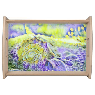 Yellow purple seashell in foaming sea watercolor serving tray