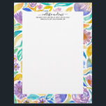 Yellow Purple Spring Watercolor Flowers Leaves Letterhead<br><div class="desc">This cute, girly, and elegant, summer and spring, pattern is perfect for the artsy and trendy woman. It features hand-painted bright sunshine yellow, bold blue, teal green, sunset orange, lavender purple, and bashful pink watercolor country flowers and leaves on top of a simple white background. It's artistic, fresh, unique, modern,...</div>