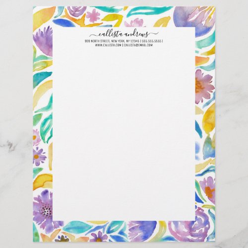 Yellow Purple Spring Watercolor Flowers Leaves Letterhead