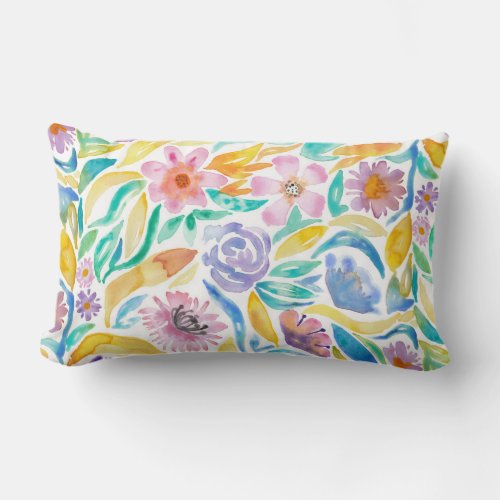 Yellow Purple Spring Watercolor Flowers Leaves Lumbar Pillow