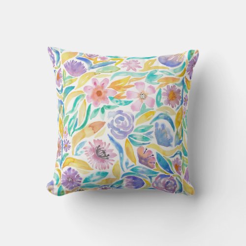 Yellow Purple Spring Watercolor Flowers Leaves Outdoor Pillow