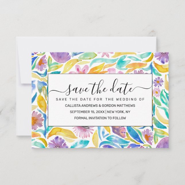 Yellow Purple Spring Watercolor Flowers Leaves Save The Date (Front)
