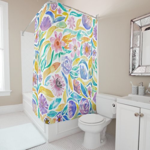Yellow Purple Spring Watercolor Flowers Leaves Shower Curtain