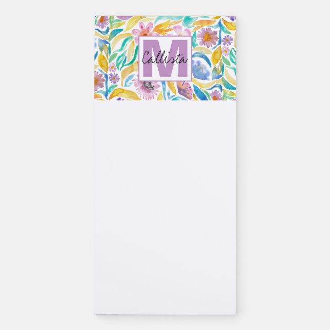 Yellow Purple Spring Watercolor Flowers Monogram Magnetic Notepad (Front)
