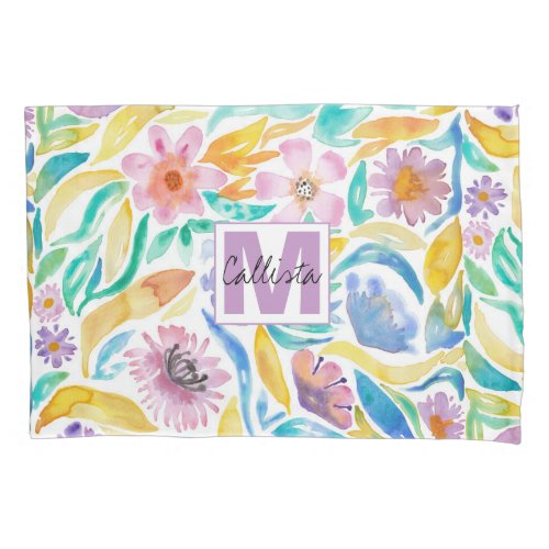 Yellow Purple Spring Watercolor Flowers Monogram Pillow Case