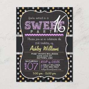 Yellow & Purple Stars Sweet 16 Postcard Invitation