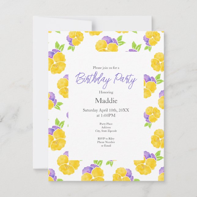Yellow Purple Watercolor Pansy Pattern Invitation (Front)