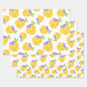 Yellow & Purple Watercolor Pansy Pattern Wrapping Paper Sheets