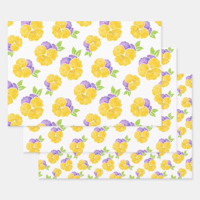 Yellow & Purple Watercolor Pansy Pattern   Wrapping Paper Sheets (Set)