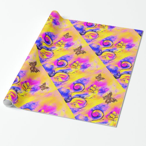 YELLOW PURPLE WHIMSICAL FLOWERSGOLD BUTTERFLIES WRAPPING PAPER