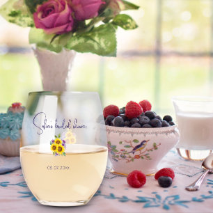 Yellow purple wildflower sunflower watercolor stemless wine glass