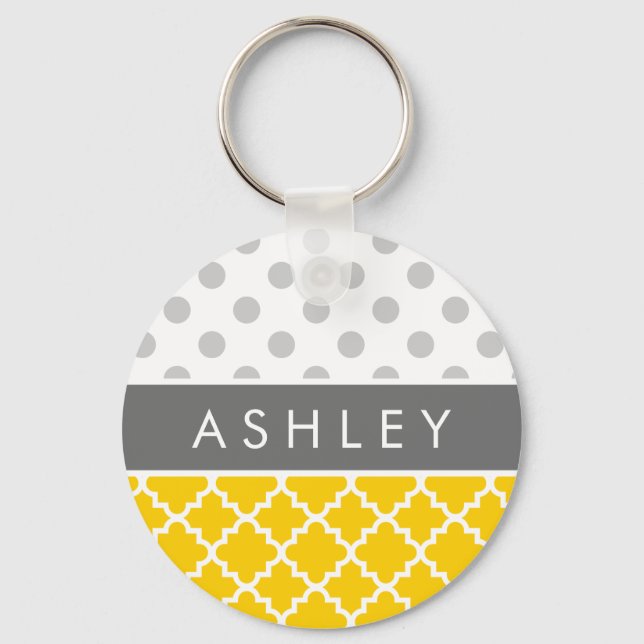 Yellow Quatrefoil and Gray Polka Dot Pattern Keychain (Front)