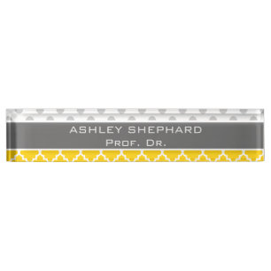 Yellow Quatrefoil and Grey Polka Dot Pattern Nameplate