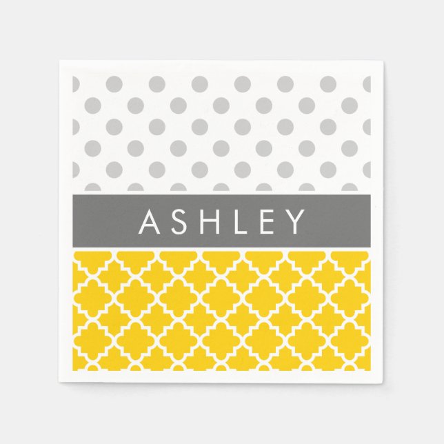 Yellow Quatrefoil and Grey Polka Dot Pattern Napkins (Front)