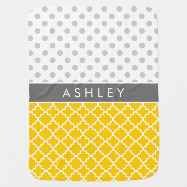 Yellow Quatrefoil and Grey Polka Dot Pattern Swaddle Blanket (Front)