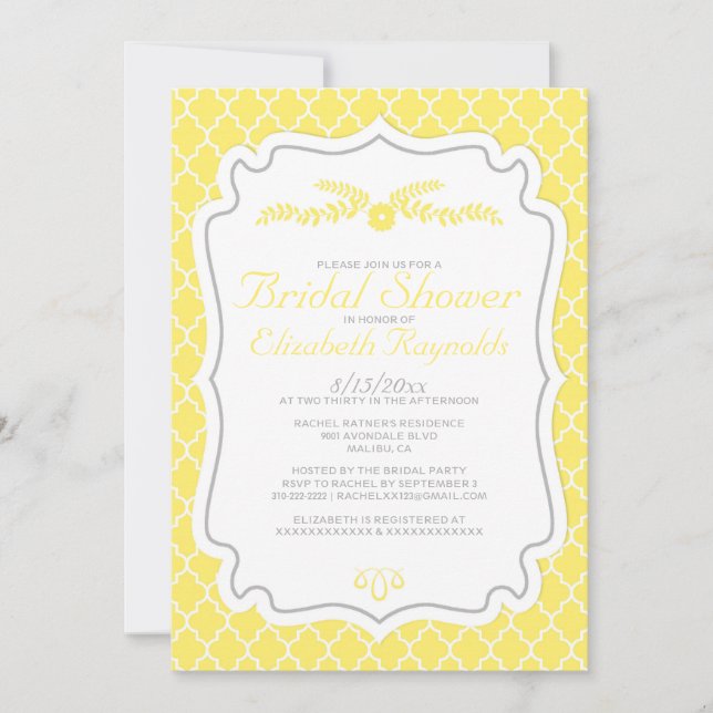 Yellow Quatrefoil Bridal Shower Invitations (Front)