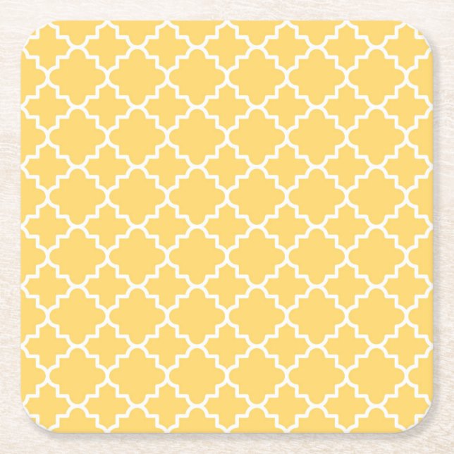Yellow Quatrefoil Pattern Square Paper Coaster (Front)