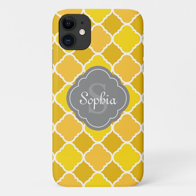 Yellow Quatrefoil Pattern with Grey Monogram Case-Mate iPhone Case (Back)